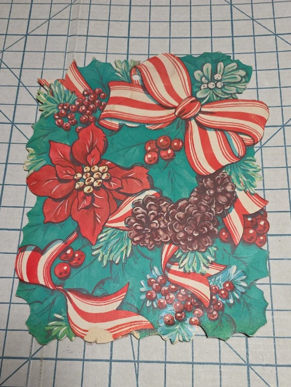 Holiday Poinsettia and Ribbon Party Die Cut - Green & Red, VTG, 10.5